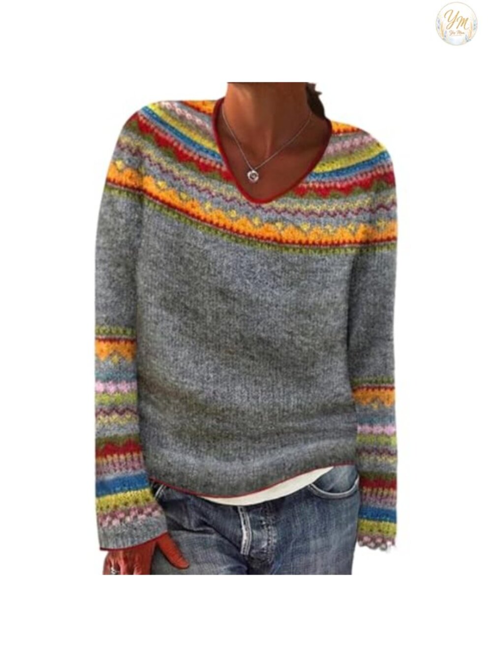 Womens Fair Isle Knit Pullover Sweater Retro Aztec Print V-Neck Oversized